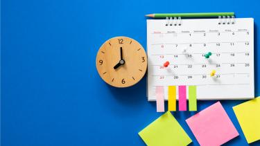 schedule-of-events calendar and clock on blue background